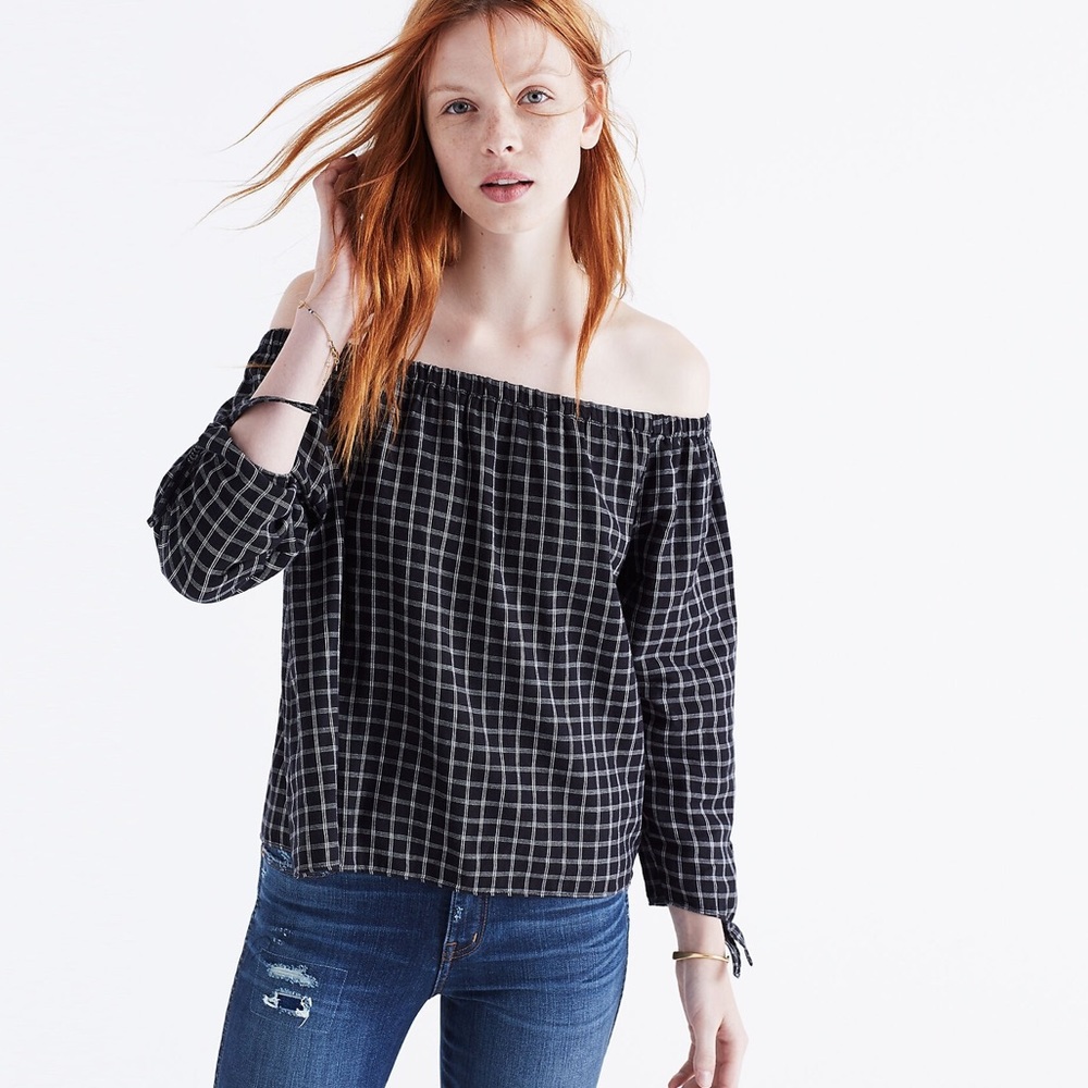 Madewell Black White Plaid Off The Shoulder Top Medium